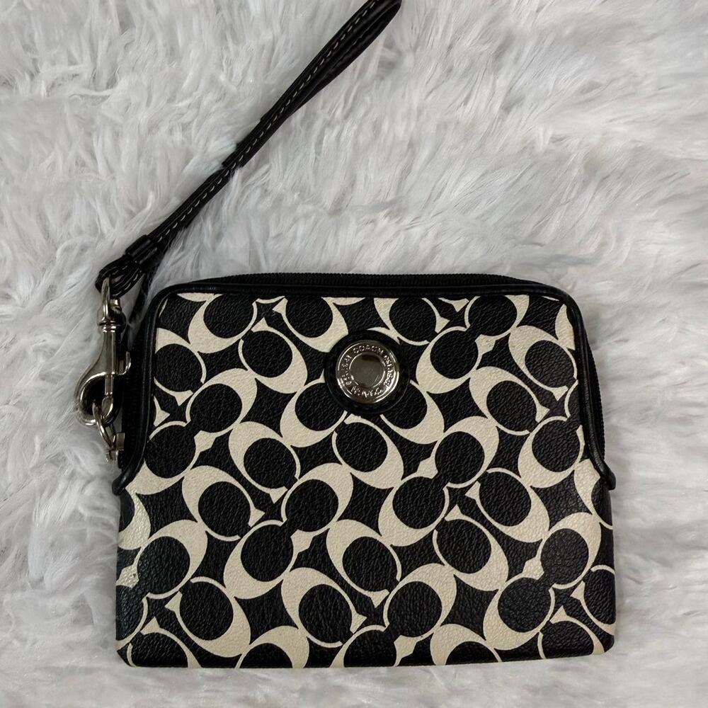 COACH Black White Signature Coated Canvas Wristlet